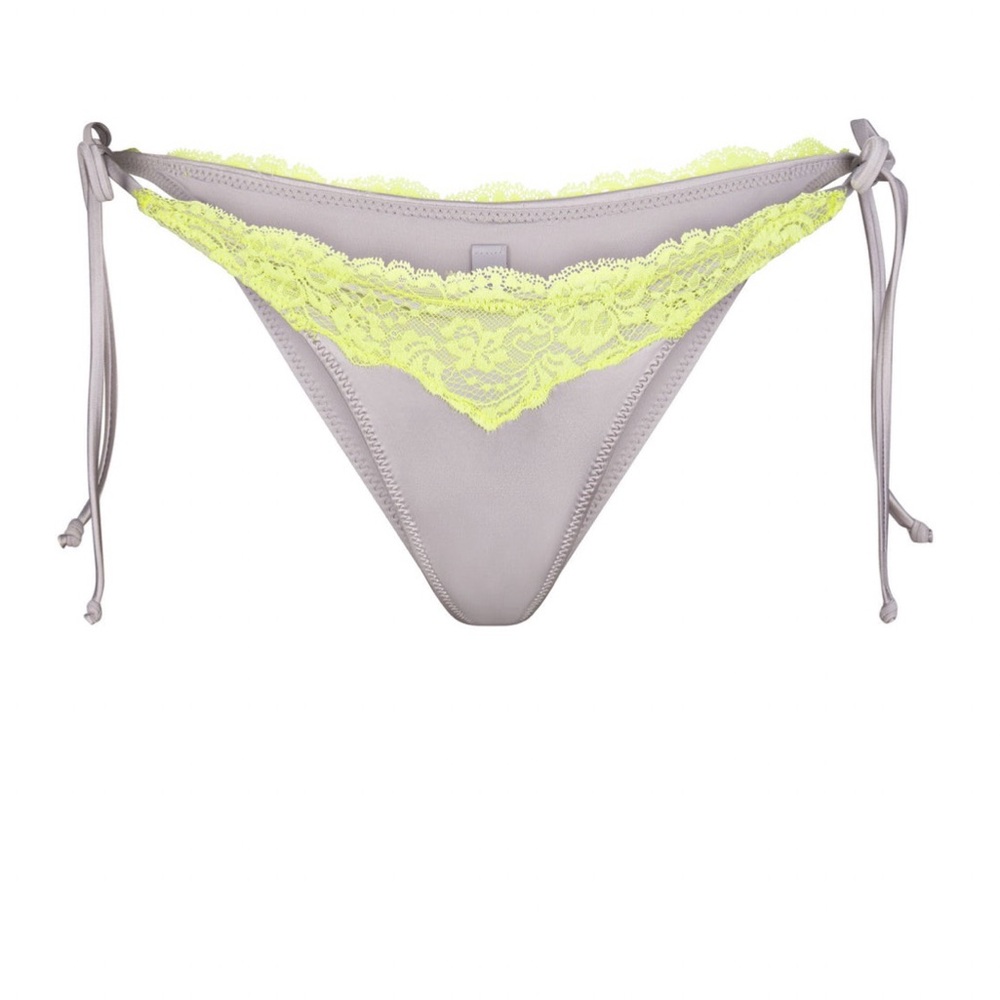 Skims Lace Swim Tie Bikini Bottom - color Gunmetal and neon yellow / neon green